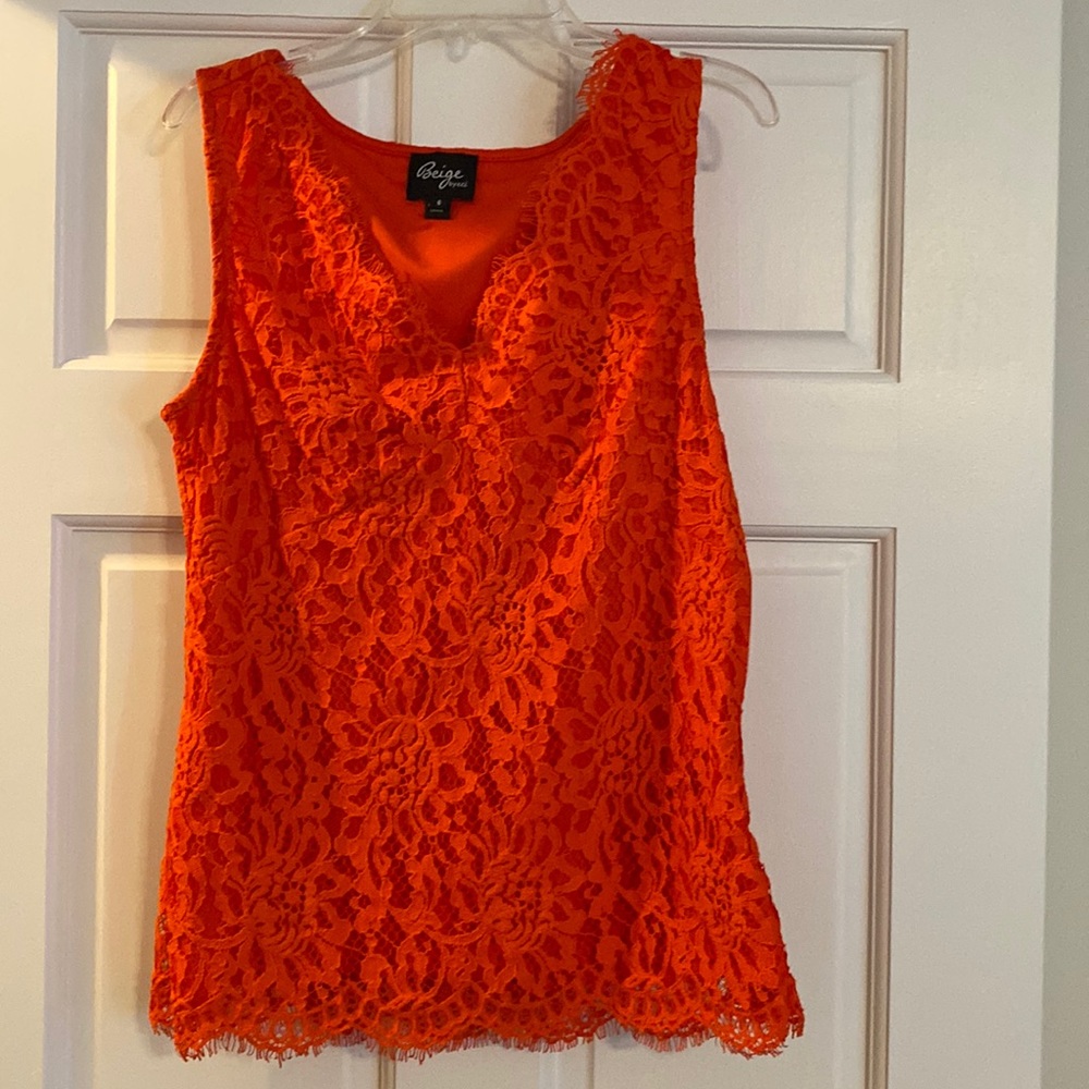 Fitted lace deep orange top with side zip size 6